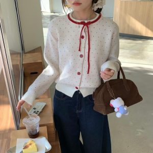 Women's Polka Dot Jacquard Lace-up Single-breasted Knitted Sweater