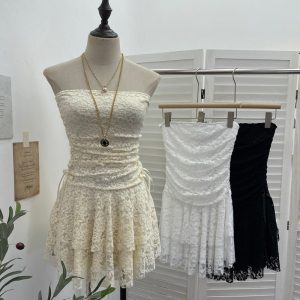 Vintage Lace Patchwork Waist-slimming Tube Top Dress