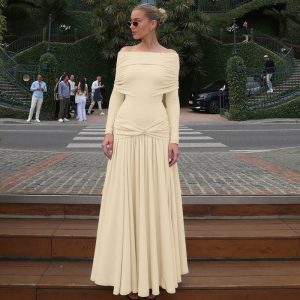 Off-neck Cinched Pleated Long Sleeve Dress