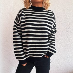 New Contrast Color Striped Knitted Sweater For Women