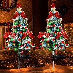 2pcs Solar Christmas Cedar Tree Lights Outdoor Lawn Ground Plug Patio Landscape Balcony Christmas