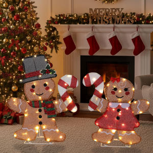 Set Of 2 Lighted Gingerbread Man And Candy Cane Christmas Decorations, Pre-lit 2D Holiday Decor With 80 Warm White LED Lights For Xmas Outdoor Indoor Decor Lighted Holiday Displays