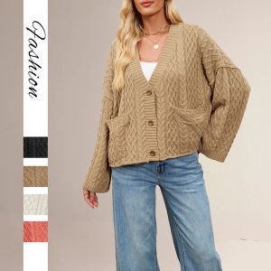 Women's Cable Loose-fitting Solid Color Knitted Cardigan