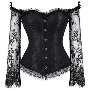 Women's Vintage Corset Top With Lace Long Sleeves, Off-Shoulder Sexy Laced Blouse For Party And Date Night