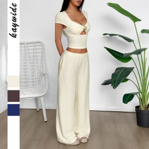 Sports Style Short Sleeve Vest Wide-leg Pants Suit For Women
