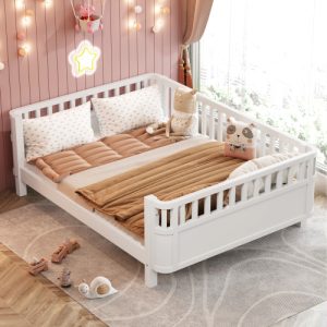 Full Size Wood Platform Bed For Kids, Wood Low Profile Full Bed With Rails For Girls And Boys, White   Patented Design