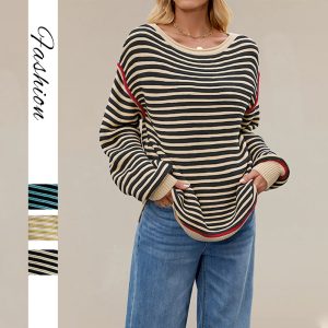Women's Striped Knitted Round Neck Pullover Loose-fitting Long Sleeves Sweater