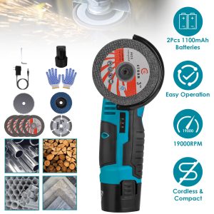 1Set 12V Cordless Mini Angle Grinder Hand Polishing Grinding Machine Cordless Cutter Grinding Tool With 7Pcs Disc 2Pcs 1100mAh Batteries And Charger Hex Key