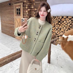 Korean Style Temperament Crew Neck Woolen Coat