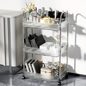 Modern Storage Three-Tier Acrylic Cosmetic Cart With Wheels - Transparent Bathroom And Living Room Storage, Portable Cosmetic Storage Box