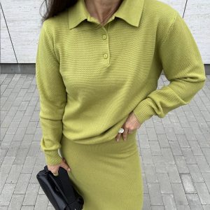 Vintage Casual All-matching Polo Lapel Knitted Sweater Two-piece Overskirt Suit