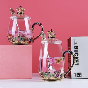 Household Enamel Cup Crown Flower Tea Cup With Spoon Gift Glass Cup Tea Set