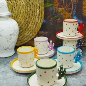 Handmade Cactus Turkish Coffee Cup Set For 6 With Boho Cactus Turkish Coffee Design