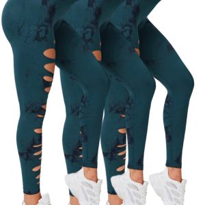 3 PACK Butt Lifting Yoga Gym Athletic Pants, Hollow Out Tummy Control Sports Leggings Tie Dye Running Pants