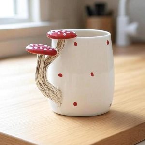 Handmade Ceramic Mug With Mushroom Handle 400ml Rustic Forest-Inspired Design