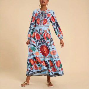 Women's Bohemian Floral Print Dress Cuff Long Sleeve Round Neck Maxi Dress For Spring&Fall