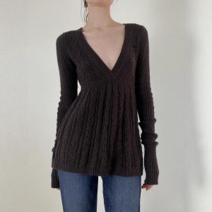 Retro Low-cut V-neck Casual Style Long Sleeve