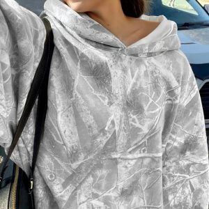 Gray Camouflage Woodland Print Oversized Sporty Hoodie