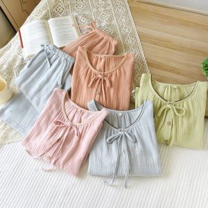 Women's Candy-colored Crepe Corded Round Neck Pajamas Suit