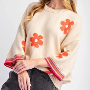 Flower Jacquard Contrast Color Elegant Autumn Knitted