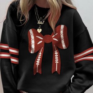 Black Varsity Baseball Bow Graphic Striped Sleeve Baggy Sweatshirt