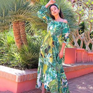 Floral-print Off-shoulder Slim Dress For Women