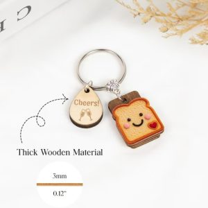 Cute Bread Wooden Board Water Drop Pendant Alloy Key Ring