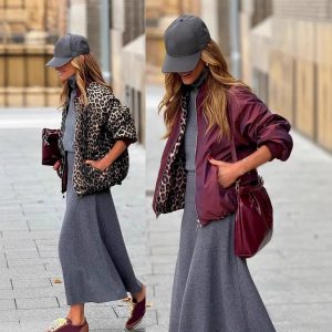 Women's Elegant Reversible Zipper Jacket Leopard Print And Wine Red Casual Coat