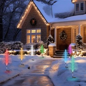 7-Color Solar Christmas Tree Stake Lights 4 Pack, Lifelike Fiber Optic Cedar Design With Star, IP44 Waterproof Outdoor Decor For Yard Lawn Patio For Holiday Yard Walkway Garden Path Decor
