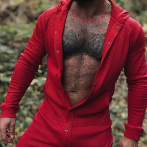 Red Hooded Button - Front Onesie