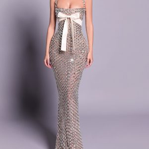 Crystal-Embellished Maxi Dress With White Bow Detail