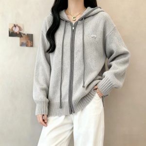 Zipper Hooded Idle Style Knitted Loose Slimming Soft Glutinous Sweater