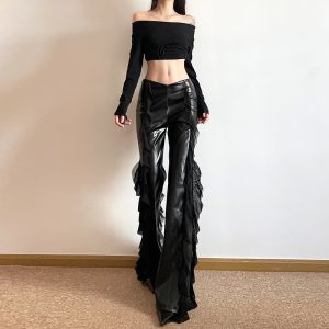 Hot Girl Mesh Stitching Design PU Leather Bootleg Pants Female