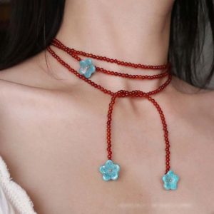 Retro New Chinese Red Agate Beaded Necklace