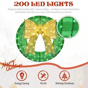 24in Pre-lit Outdoor Christmas Wreath Decoration, Lighted Metal Wreath With Golden Bow, Green And Warm White LED Lights, For Front Door Gate Wall Indoor Outdoor Holiday Party