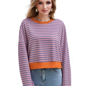 Women's Long Sleeved Striped Round Neck Sweater Top