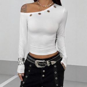 Asymmetric Hollow-out Off-shoulder Women's Long-sleeved Slim-fit Short Temperamental Top