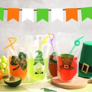 Drink Pouches With Straws St Patrick's Day Plastic Drink Pouches Bags 16 Pcs Heavy Duty Hand-Held Translucent Reclosable Ice Drink Pouches Bag For Smoothie, Cold & Hot Drinks