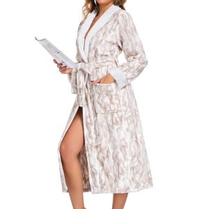 RONGTAI Plush Fleece Bathrobe For Women, Long Robe With Two Side Pockets And Belt, Warm And Cozy Fluffy Sleepwear Nightgown -Fleece White, M
