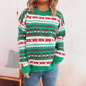 Cute Pattern Jacquard Contrast Color Round Neck Long Sleeve Casual Sweater