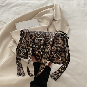 Leopard Print Personalized Design Motorcycle Shoulder Crossbody Underarm Baguette Women's Bag