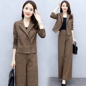Temperament Western Style Lattice Loose Pants Two-piece