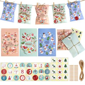 48 Pack Christmas Advent Calendar Bags Kit Envelope Shape Paper Gift Bags With Advent Numbers Stickers Clips And Rope Santa Claus Snowman Pattern Goodie Candy Treat Bags For Xmas Party Tree Decoration