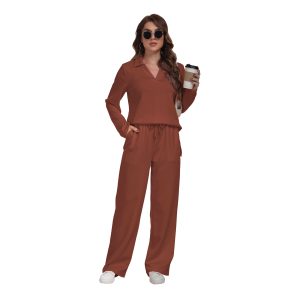 RONGTAI 2 Piece Outfits Sweatsuit For Women Casual Long Sleeve V Neck Pullover Tracksuit Solid Soft Comfy Tracksuits Set