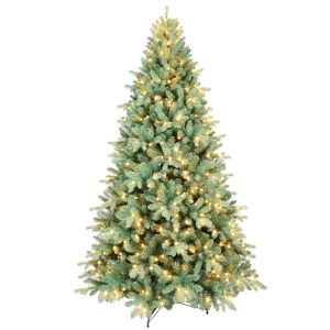 Artificial 7ft Blue Green Tint Christmas Tree With 1845 PE PVC Mixed Branch Tips, 500L Warm White Led, Memory Wire Iron Wire, Hinged Premium & Foldable Base For Indoor Holiday Decorating