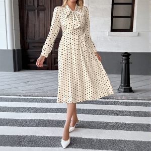 New Elegant Retro Style Bow Collar Long Sleeve Waist Dress