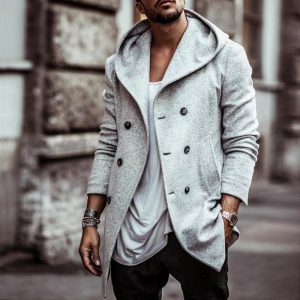Male Mid-length Lapel Hooded Double-breasted Trench Coat