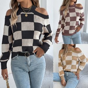 Off-the-shoulder Contrast Color Plaid Lantern Long Sleeve Sweater