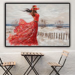 Hand-Painted Oil Painting Canvas Wall Art Decoration Girl Red Dress Seaside Abstract People Texture Art For Home Living Room Artwork Decor Rolled Frameless Unstretched Painting
