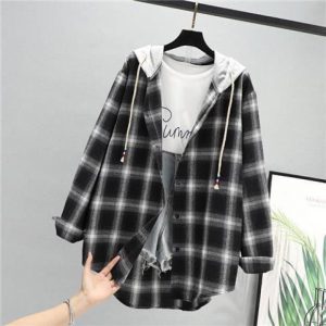 Retro Hong Kong Style Springsummer Autumn Plaid Shirt Women's Loose And Hooded Cardigan Coat